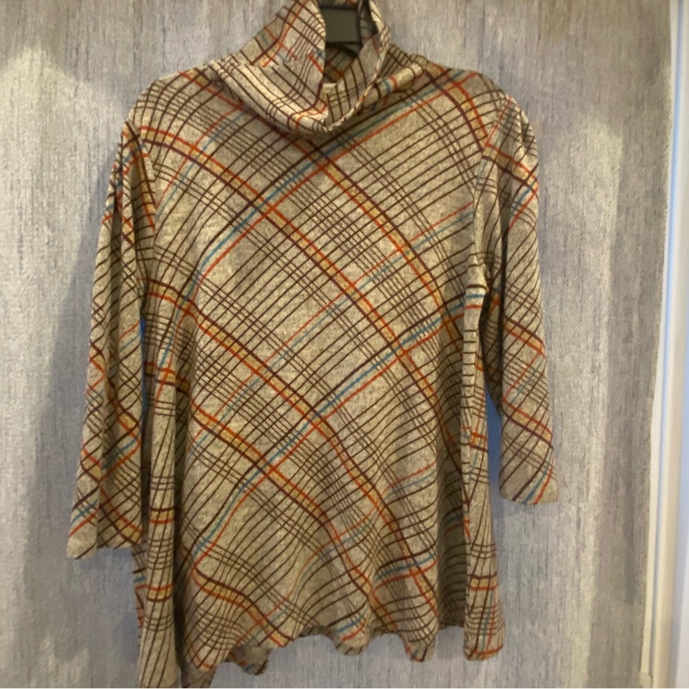 Grey stripes- orange/yellow/maroon/blue turtleneck shirt